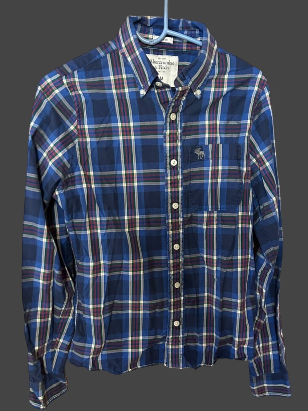 Abercrombie & Fitch Mens M Blue Plaid Button Down Shirt 100% Cotton Muscle Long